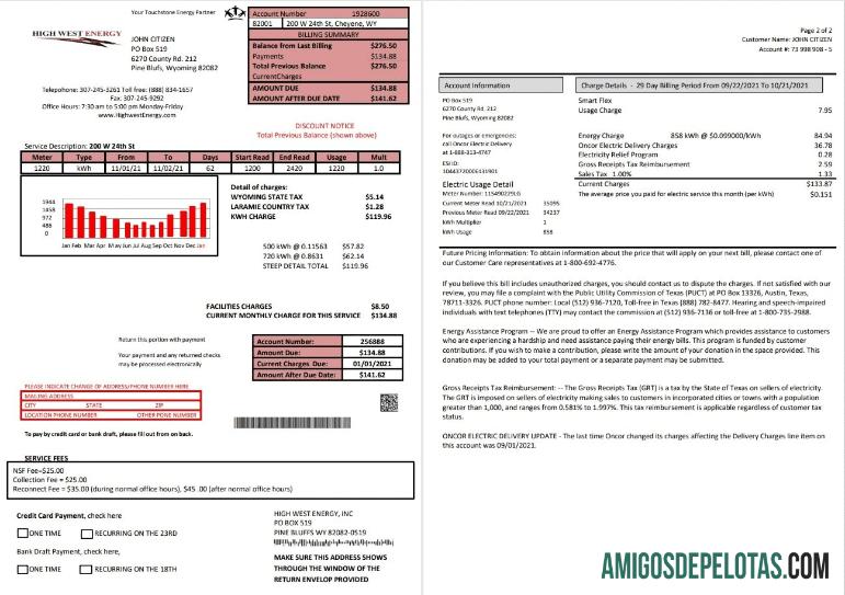 Conta de serviços públicos de energia do Wyoming High West nos EUA em formato Word e PDF (2 páginas) exemplo